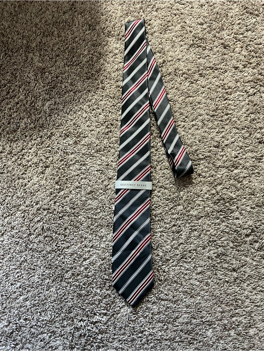 NWT Geoffrey Beene Men's Silk Tie Black Red White Titanium Stripe Classic